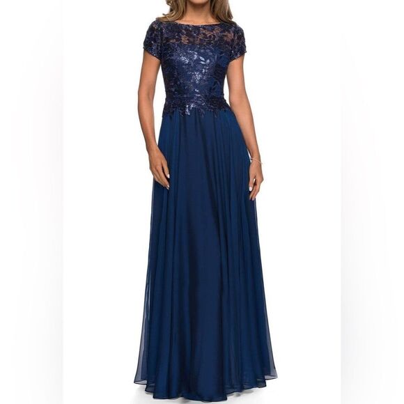 La Femme Dress Women’s 14 Navy Blue Sequined Lace Bodice A-Line Formal Gown NWT